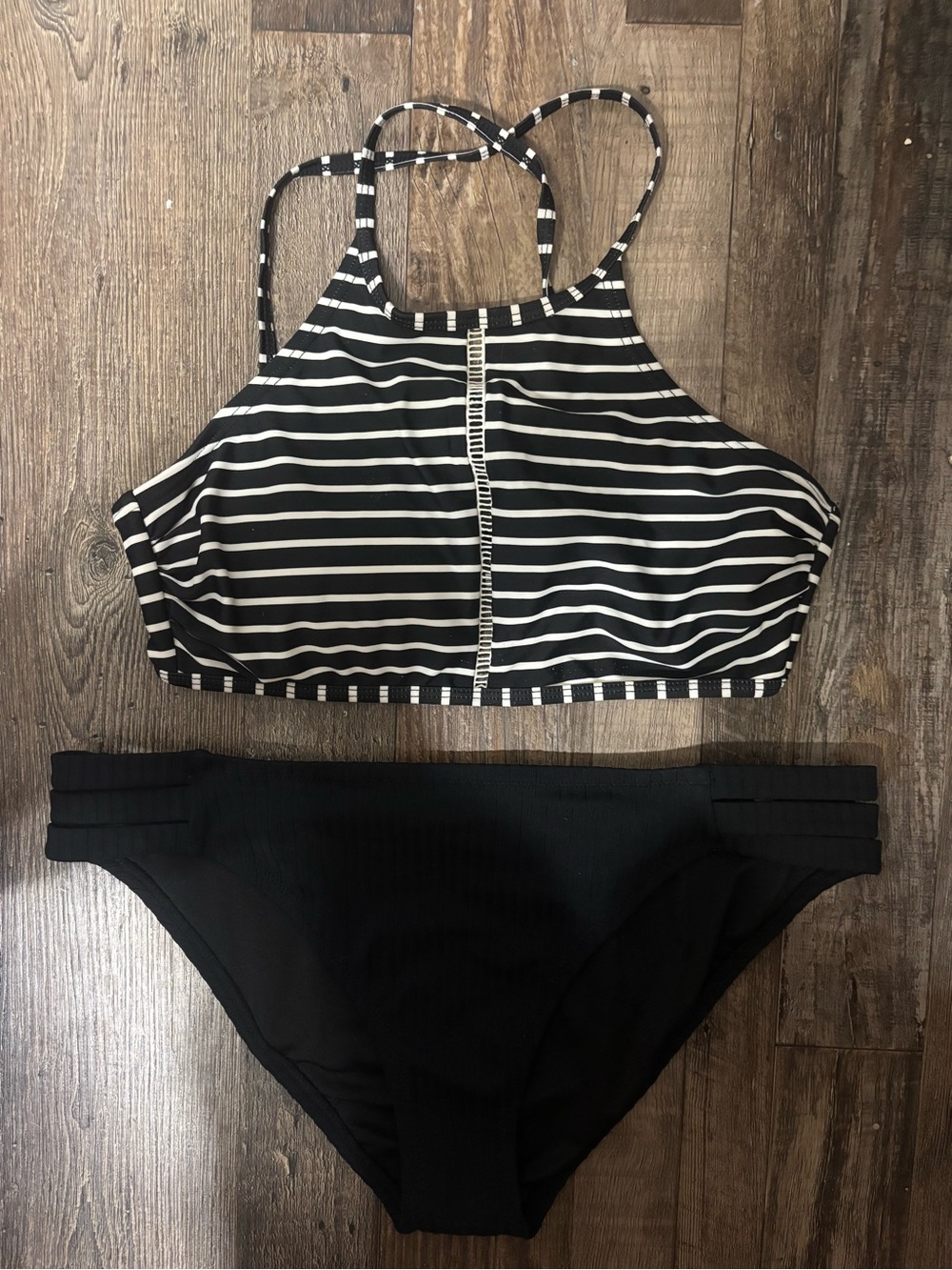 Striped High Neck Bikini Set in Black and White